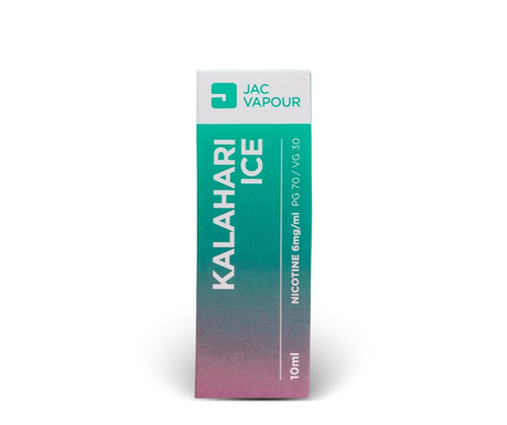 A 10ml box of JAC VAPOUR Kalahari Ice PG 70 / VG 30 nicotine e-liquid, featuring a vertical gradient design transitioning from teal green to pink, shown on a clean white background.