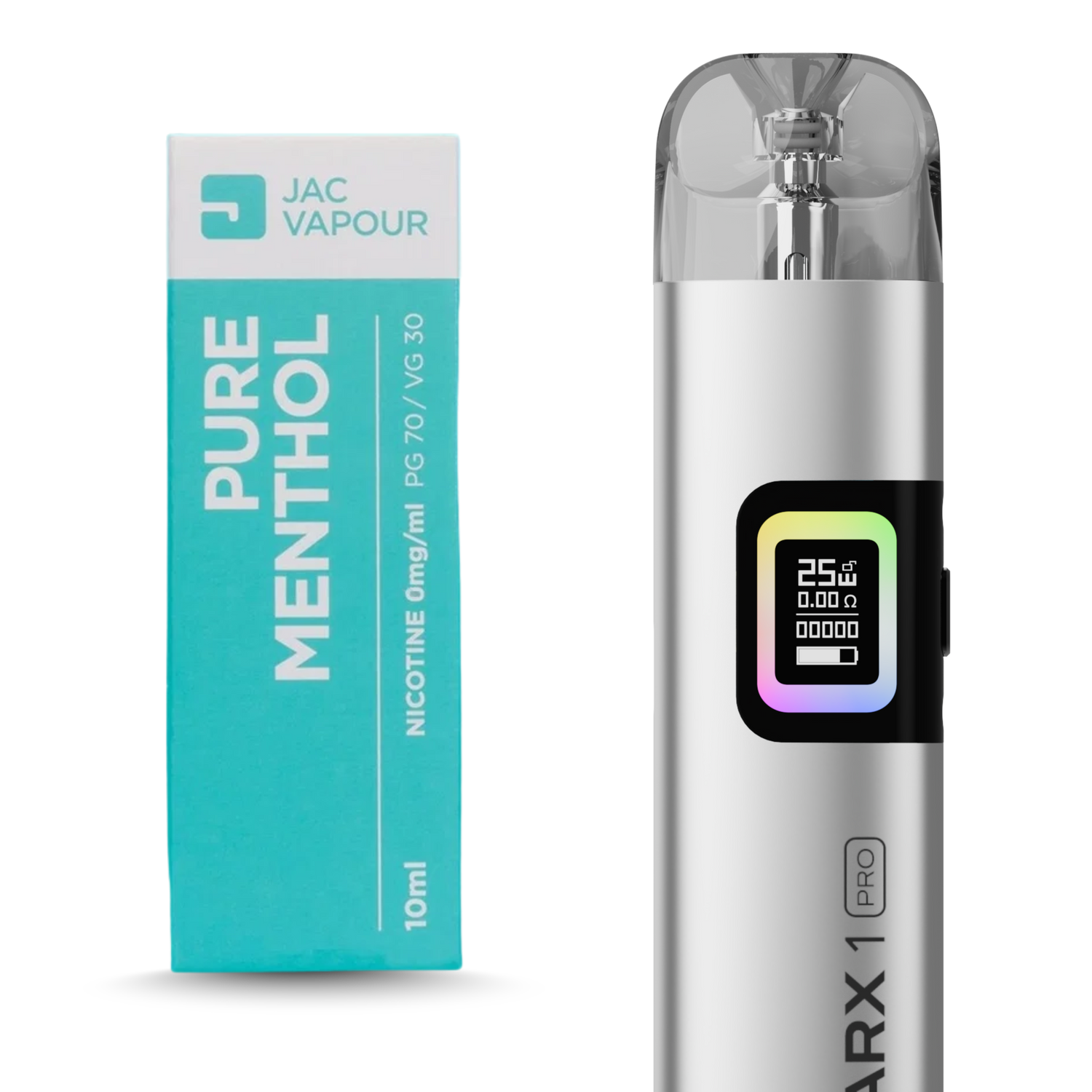 Silver ARX 1 Pro pod vape kit and Pure Menthol nicotine free e-liquid