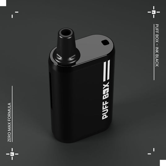 Photo of a black Puff Box vape device on a dark grey gradient background featuring added wording "ZERO MAX FORMULA" and some white artwork