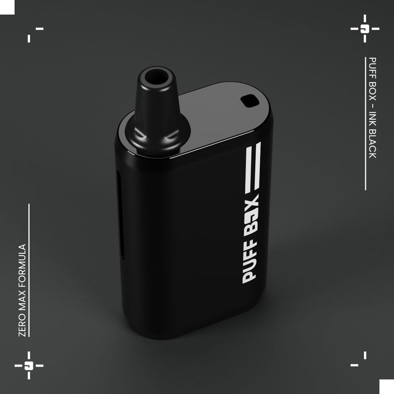 Photo of a black Puff Box vape device on a dark grey gradient background featuring added wording "ZERO MAX FORMULA" and some white artwork