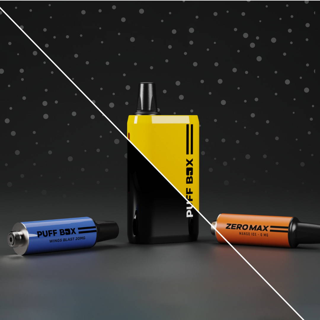 Creative of Puff Box with black Puff Box changing to yellow colour and prefilled pods either side of it