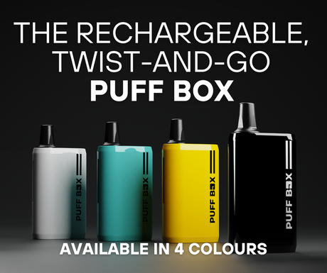 Heading "The rechargeable twist-and-go Puff Box" with 4 Puff Box vape devices lined up in different colours.