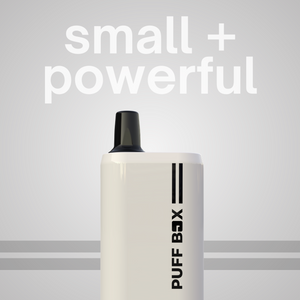 Photo of a white Puff Box device on a grey background with the wording "small and powerful" above it