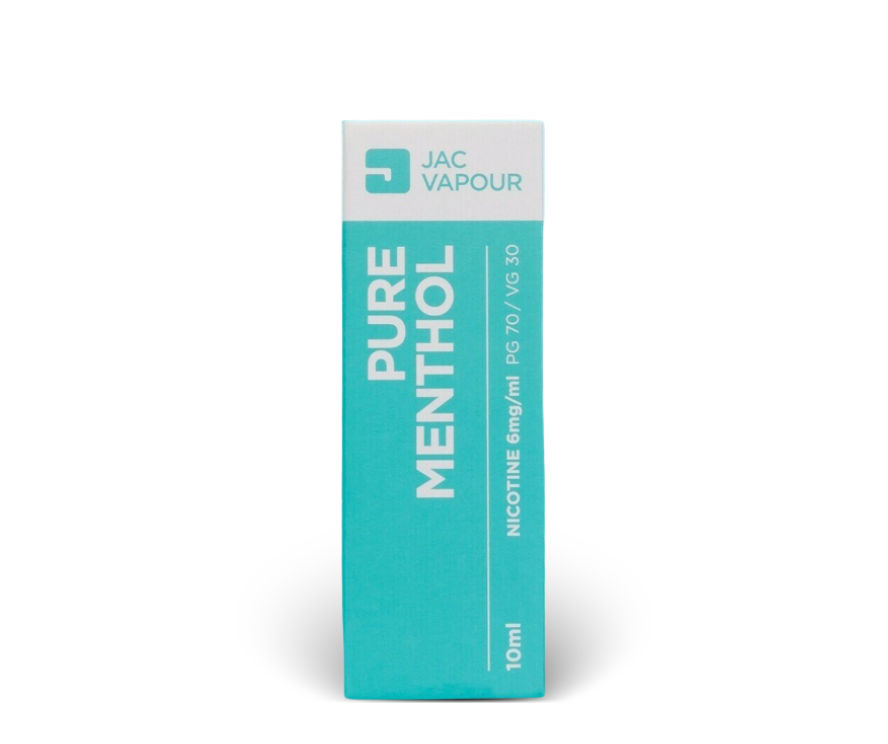 A 10ml box of JAC Vapour Pure Menthol PG 70 / VG 50 e-liquid, featuring a teal and white design with bold white text, set against a plain white background.