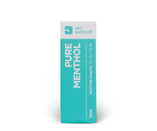 A 10ml box of JAC Vapour Pure Menthol PG 70 / VG 50 e-liquid, featuring a teal and white design with bold white text, set against a plain white background.