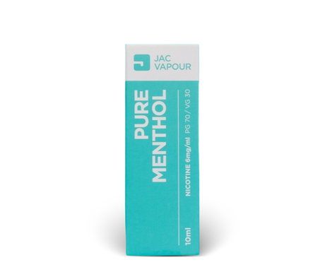 A 10ml box of JAC Vapour Pure Menthol PG 70 / VG 50 e-liquid, featuring a teal and white design with bold white text, set against a plain white background.