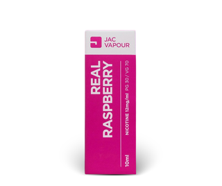 A 10ml Real Raspberry PG 30 VG 70 e-liquid, featuring a vibrant magenta pink and white packaging design with bold white text.


