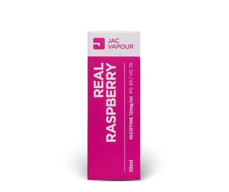 A 10ml Real Raspberry PG 30 VG 70 e-liquid, featuring a vibrant magenta pink and white packaging design with bold white text.

