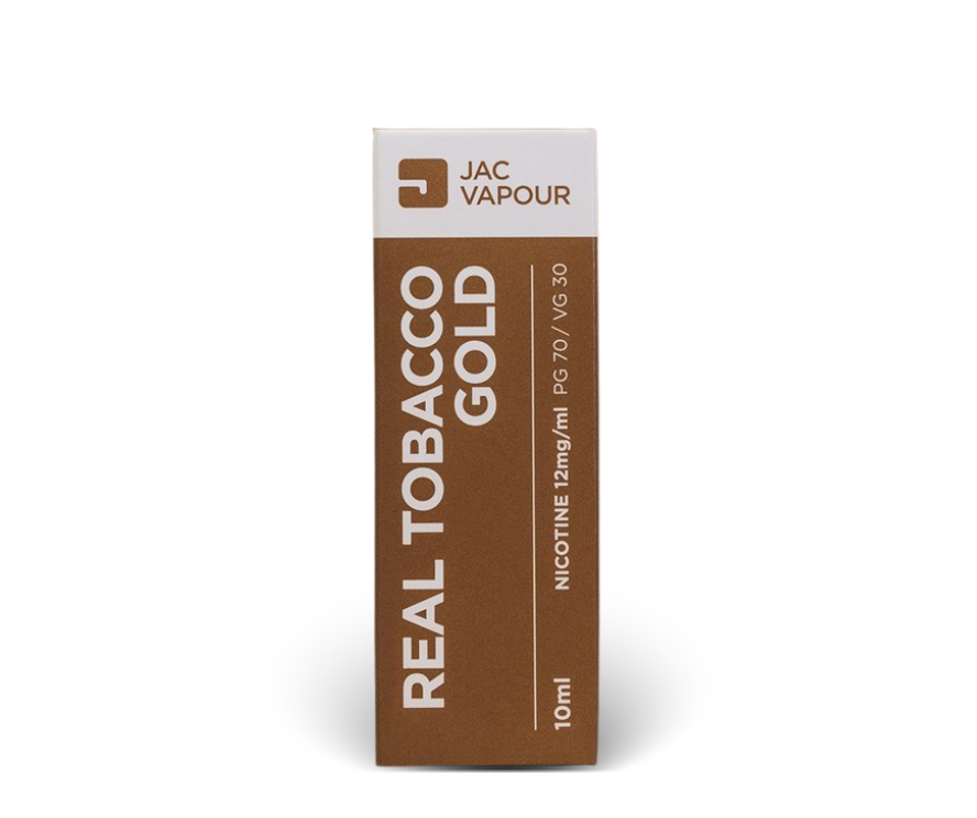 A 10ml box of JAC Vapour Real Tobacco Gold high PG e-liquid in 12mg strength, featuring a brown and white colour scheme with vertical text.