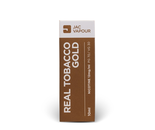A 10ml box of JAC Vapour Real Tobacco Gold high PG e-liquid in 12mg strength, featuring a brown and white colour scheme with vertical text.