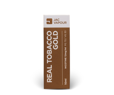 A 10ml box of JAC Vapour Real Tobacco Gold high PG e-liquid in 12mg strength, featuring a brown and white colour scheme with vertical text.