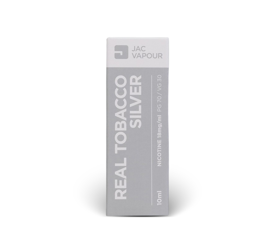 A 10ml box of JAC Vapour Real Tobacco Silver 10ml high PG e-liquid, featuring a minimalist grey and white design with vertical text.