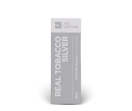 A 10ml box of JAC Vapour Real Tobacco Silver 10ml high PG e-liquid, featuring a minimalist grey and white design with vertical text.