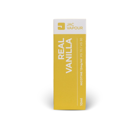 A 10ml box of JAC Vapour Real Vanilla high PG e-liquid, featuring a yellow and white packaging design with vertical text, set against a plain white background.
