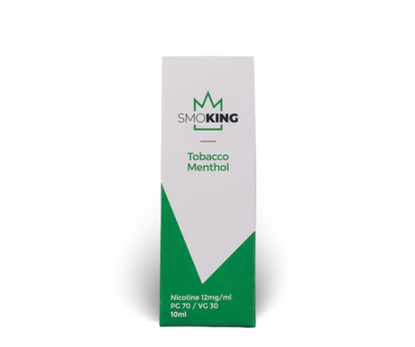 Packaging of Tobacco Menthol e-liquid with wording "Nicotine 12mg/ml" and "PG 70 / VG 30" in white and green design.