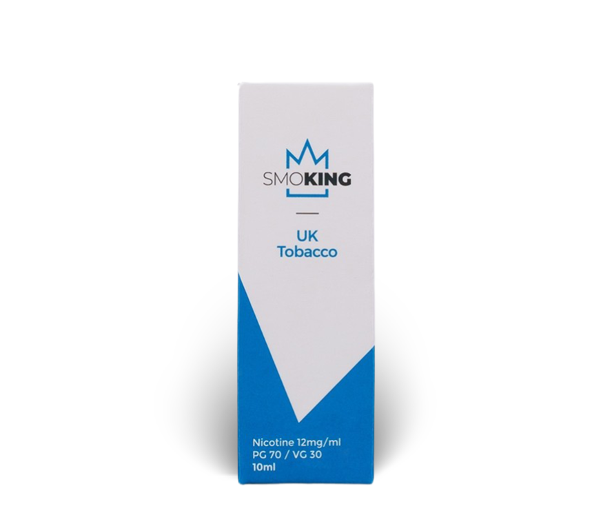 Box packaging of SMOKING UK Tobacco UK e-liquid with wording "Nicotine 12mg/ml" and "PG 70 / VG 30" with a blue and white design.