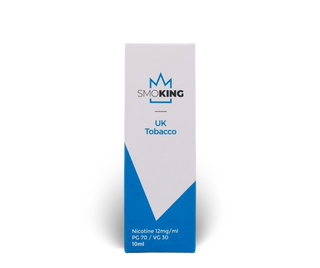 Box packaging of SMOKING UK Tobacco UK e-liquid with wording "Nicotine 12mg/ml" and "PG 70 / VG 30" with a blue and white design.