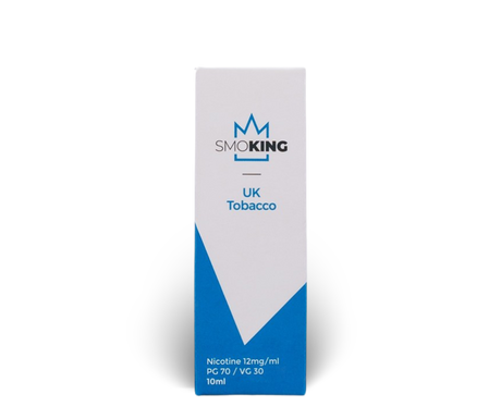 Box packaging of SMOKING UK Tobacco UK e-liquid with wording "Nicotine 12mg/ml" and "PG 70 / VG 30" with a blue and white design.