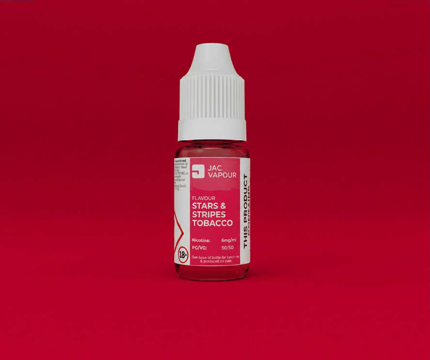 Bottle of 10ml e-liquid with "Stars & Stripes Tobacco" label and red background