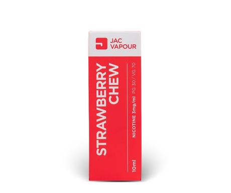 A red and white box of JAC VAPOUR Strawberry Chew VG 70% e-liquid, 10ml size, shown on a clean white background with a soft shadow.