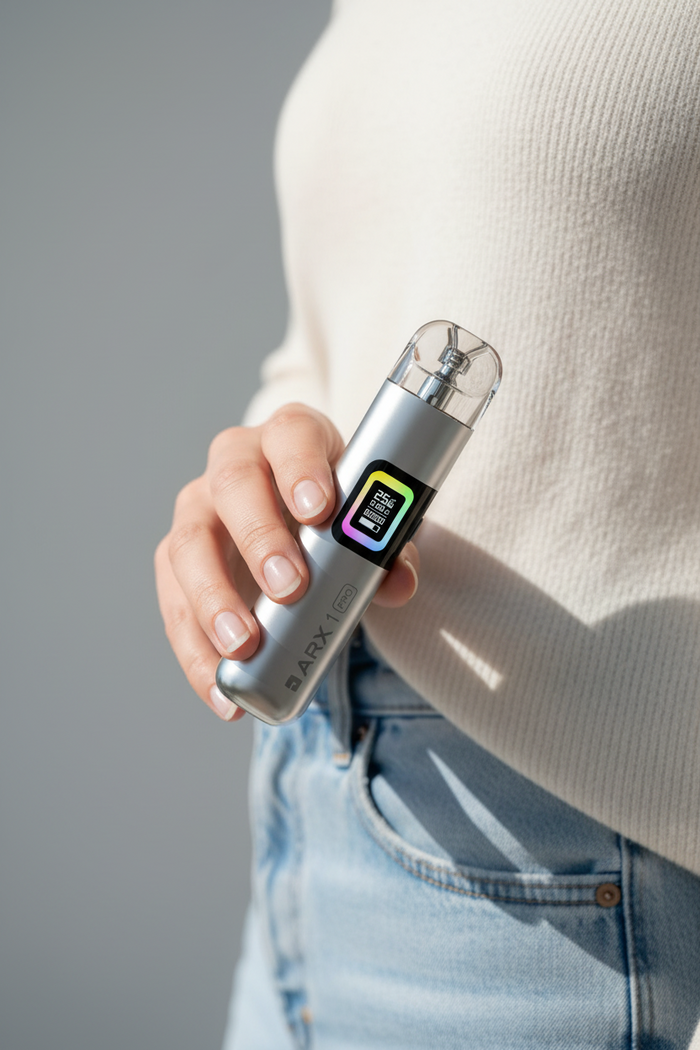 Close-up photo of a woman holding ARX 1 Pro by her side