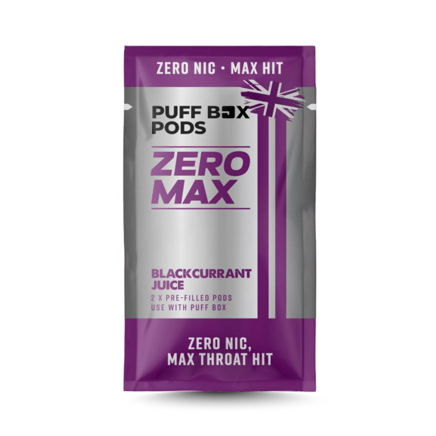 Puff Box Pods Zero Max packaging in purple and grey design with Union Jack, Blackcurrant Juice flavour