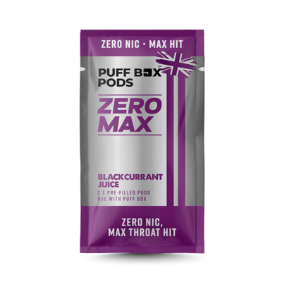 Puff Box Pods Zero Max packaging in purple and grey design with Union Jack, Blackcurrant Juice flavour